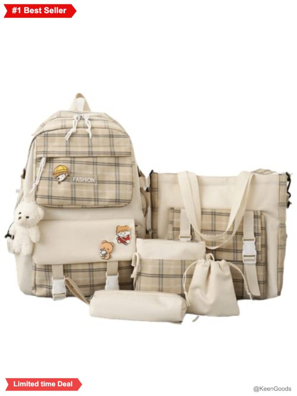 5Pc Canvas Kawaii Backpack Set Bear Pendant Pins Tote Daypack